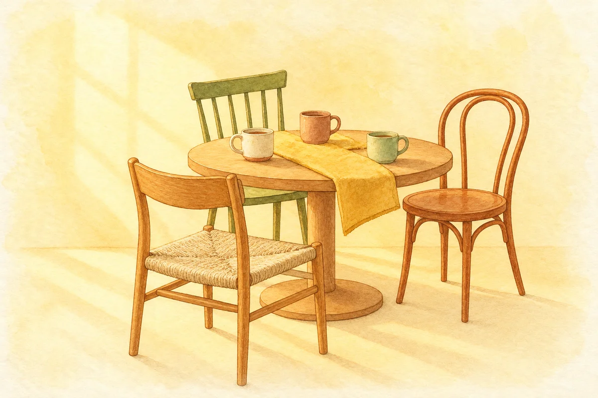 Watercolor of a shared table with three chairs and warm cups